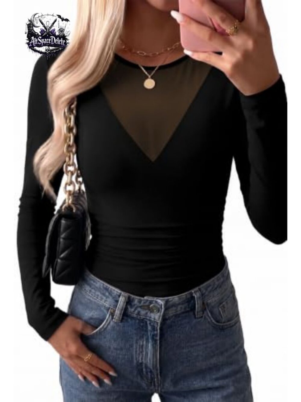 Women's Mesh V-Neck Long Sleeve Bodysuit Top Stretch Slim Fit Fall Winter